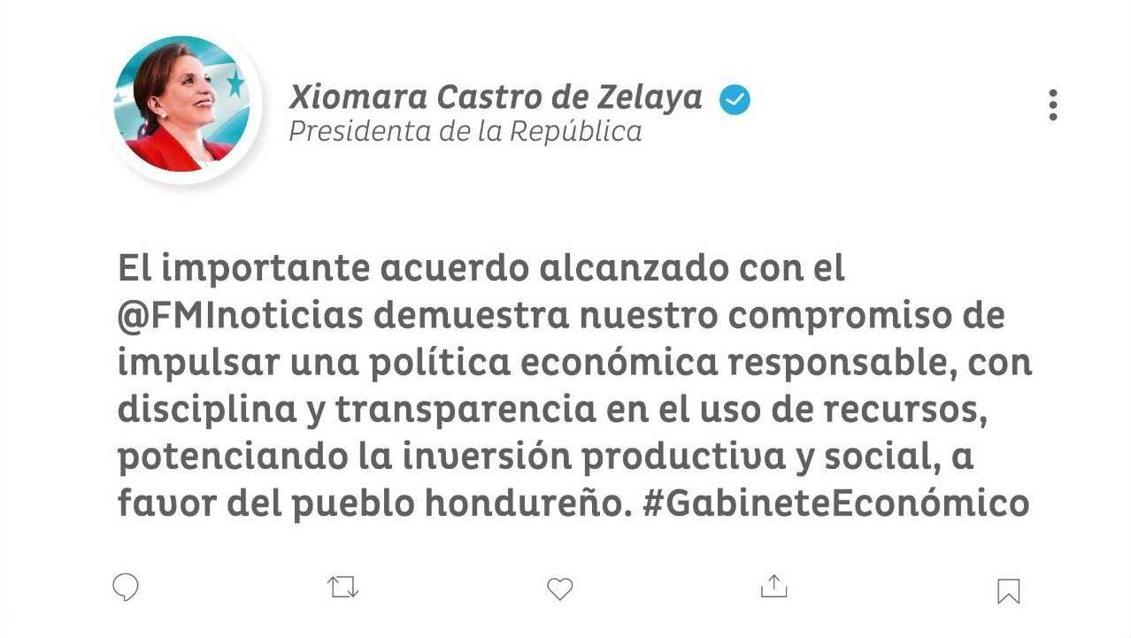 Acuerdo con el FMI es un fuerte respaldo a la política económica de la presidenta Xiomara Castro